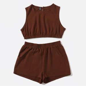 SHEIN Brown Linen Two Piece Crop Top Shorts Lounge Set 2X